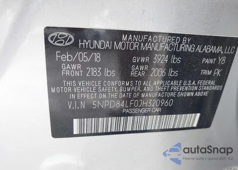 2018 Hyundai Elantra Sel z USA, uszkodzony, nr VIN 5NPD84LF0JH320960